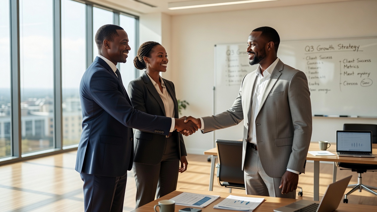 Mentora consultant shaking hands with a client in Kampala